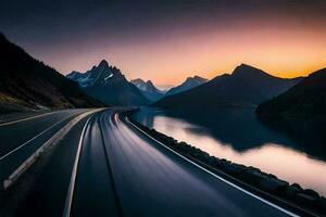 un' lungo esposizione fotografia di un' strada e montagne a tramonto. ai-generato foto