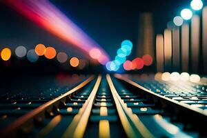 un' treno traccia a notte con luci nel il sfondo. ai-generato foto