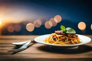 spaghetti con carne e salsa su un' piatto. ai-generato foto