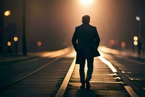 un' uomo a piedi su un' Ferrovia traccia a notte. ai-generato foto