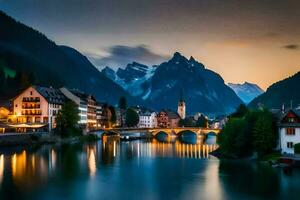 il cittadina di Hallstatt, Austria, a crepuscolo. ai-generato foto