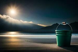 un' verde secchio si siede su il spiaggia a tramonto. ai-generato foto