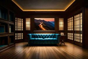 un' blu divano nel un' camera con di legno piani e finestre. ai-generato foto