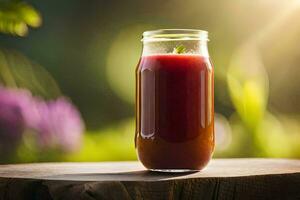 un' bicchiere vaso di succo su un' di legno tavolo. ai-generato foto