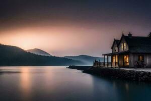 un' Casa si siede su il riva di un' lago a tramonto. ai-generato foto