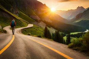 un' uomo a piedi giù un' strada nel il montagne. ai-generato foto