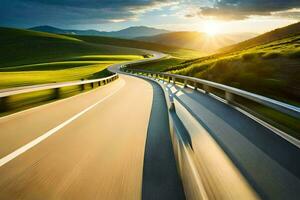 un' auto guida su un' autostrada con il sole ambientazione dietro a esso. ai-generato foto