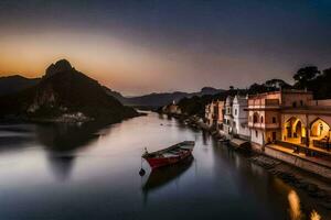 un' barca si siede su il acqua a tramonto nel udaipur, India. ai-generato foto