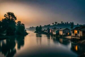 un' fiume nel il mattina con case su il costa. ai-generato foto