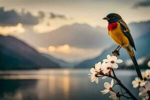 un' colorato uccello si siede su un' ramo vicino un' lago. ai-generato foto