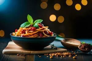 spaghetti con pomodoro salsa e basilico le foglie nel un' ciotola. ai-generato foto