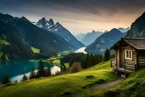 il cabina nel il montagne, lago, montagne, natura, HD sfondo. ai-generato foto