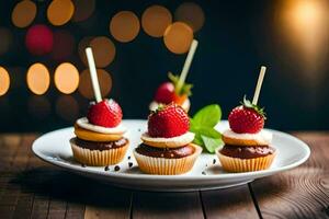 piccolo cupcakes con fragole e cioccolato su un' piatto. ai-generato foto