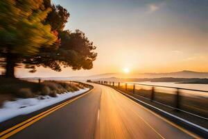 un' auto guida giù un' strada a tramonto. ai-generato foto