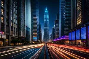 un' città strada a notte con traffico luci. ai-generato foto