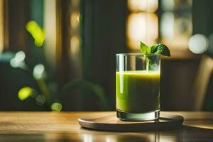 un' bicchiere di verde succo su un' di legno tavolo. ai-generato foto