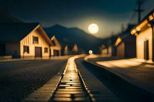 un' treno traccia nel il mezzo di un' cittadina a notte. ai-generato foto