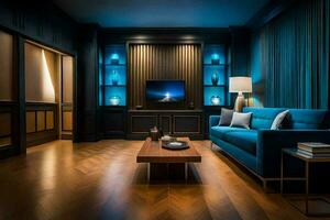 un' vivente camera con blu muri e un' divano. ai-generato foto