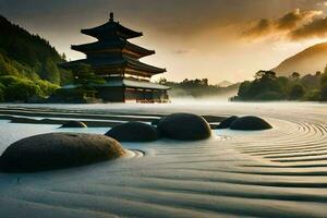 il Alba al di sopra di un' pagoda nel Giappone. ai-generato foto