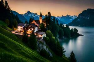 un' Chiesa su un' collina prospiciente un' lago e montagne. ai-generato foto