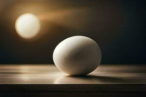 un uovo seduta su un' tavolo nel davanti di un' luce. ai-generato foto