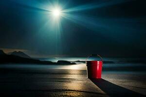 un' rosso secchio su il spiaggia a notte. ai-generato foto