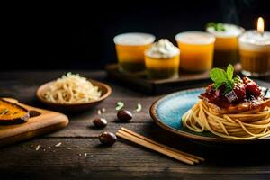 un' piatto di spaghetti con carne e verdure. ai-generato foto