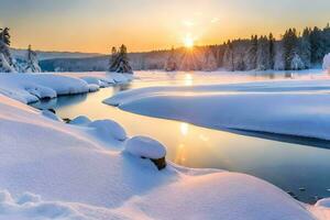 un' nevoso fiume nel il inverno. ai-generato foto