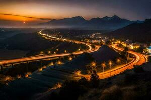 un' autostrada nel il montagne a tramonto. ai-generato foto