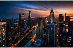 il città orizzonte a tramonto nel Chicago. ai-generato foto