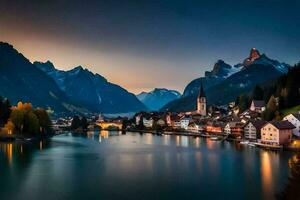 il cittadina di Hallstatt nel il Alpi a crepuscolo. ai-generato foto