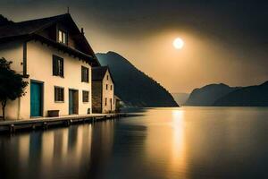 un' Casa si siede su il bordo di un' lago a tramonto. ai-generato foto