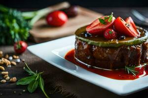 un' dolce con fragole e pomodori su un' piatto. ai-generato foto