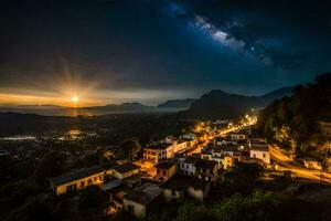 il latteo modo brilla brillantemente al di sopra di un' cittadina a notte. ai-generato foto