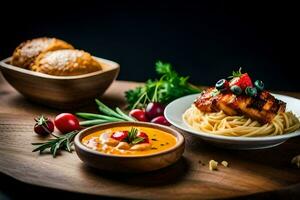 spaghetti con carne e pomodoro salsa su un' di legno tavolo. ai-generato foto