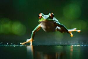un' rana salto su il acqua. ai-generato foto
