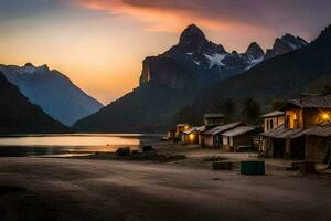 un' piccolo villaggio si siede su il riva di un' lago a tramonto. ai-generato foto