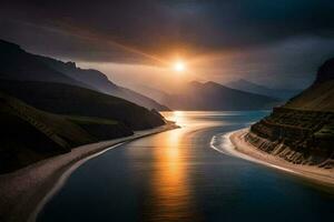 tramonto al di sopra di il fiume nel Islanda. ai-generato foto