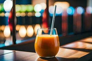 un' bicchiere di arancia succo seduta su un' di legno tavolo. ai-generato foto