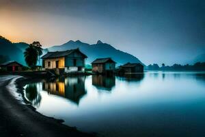 foto sfondo il cielo, montagne, acqua, Casa, il lago, il montagne, il lago. ai-generato