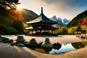 un' pagoda si siede nel il mezzo di un' lago circondato di rocce. ai-generato foto