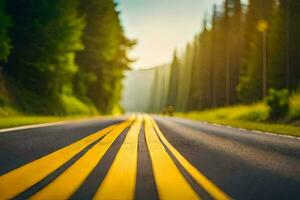 un' strada con giallo Linee e alberi nel il sfondo. ai-generato foto