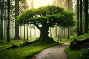 un' sentiero attraverso un' foresta con un' albero nel il mezzo. ai-generato foto
