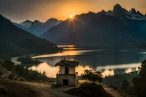 un' piccolo Casa si siede su il bordo di un' lago a tramonto. ai-generato foto