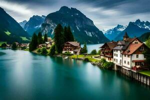 un' bellissimo montagna villaggio con un' lago e montagne nel il sfondo. ai-generato foto