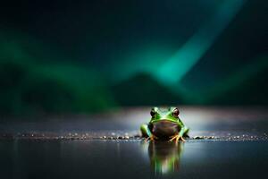 un' rana seduta su il terra nel il scuro. ai-generato foto