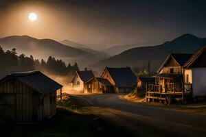 un' villaggio a crepuscolo con un' pieno Luna nel il cielo. ai-generato foto