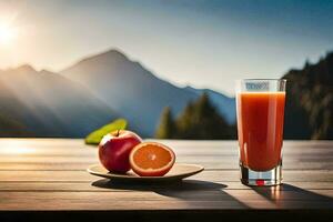 un' bicchiere di succo e un Mela su un' tavolo nel davanti di un' montagna. ai-generato foto