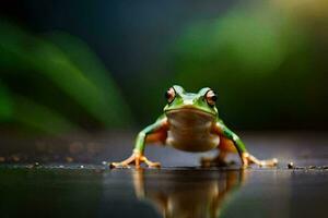 un' rana seduta su il terra con suo riflessione. ai-generato foto