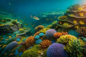 un subacqueo scena con colorato coralli e pesce. ai-generato foto